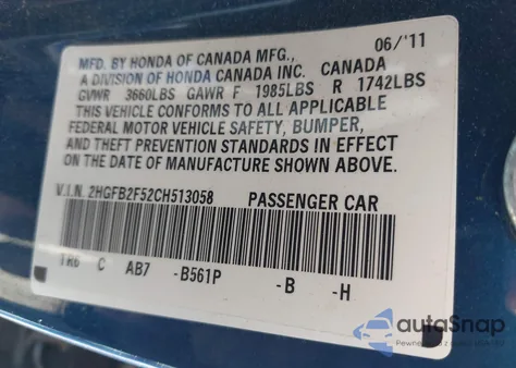 2012 Honda Civic Lx from USA, damaged, VIN 2HGFB2F52CH513058